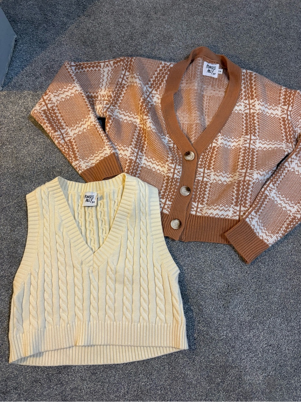 Princess Polly Cream/Tan Plaid Cardigan with Cropped Cream Cable Knit Vest- M/L